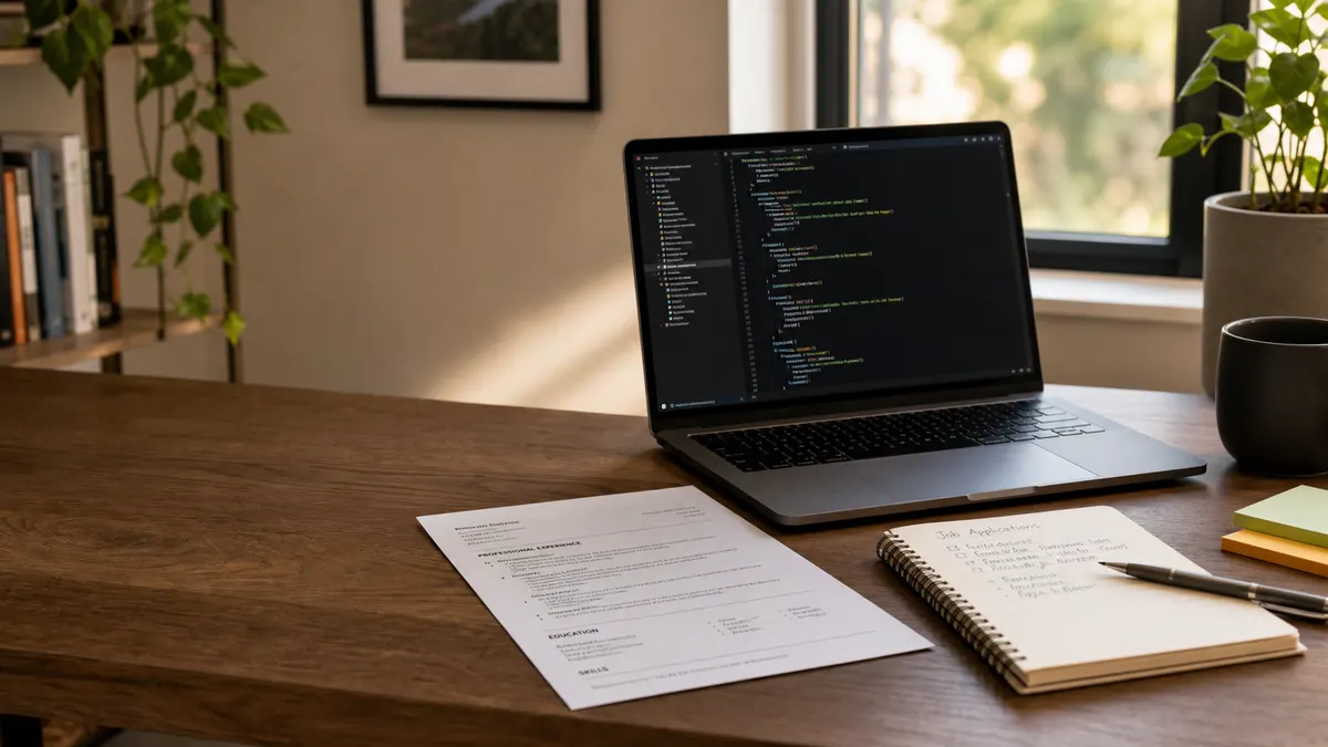 A developer portfolio workspace with code, a resume, and organized project notes